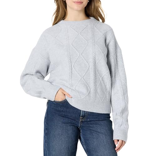 Amazon Essentials Women's (Demi's Pick) Relaxed-Fit Cable Crewneck Jumper, Light Grey Heather, S
