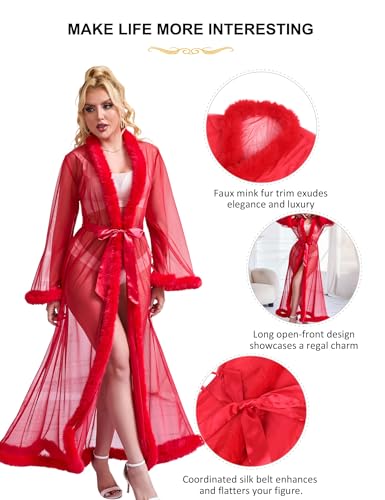 ohyeahlady Sheer Kimono Robe Long Plus Size Feather Robes for Women Lingerie Bridal Tulle Robe Red XL