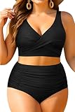 Aqua Eve Women Plus Size Two Piece Swimsuit High Waisted Bikini Set Tummy Control Bathing Suit Black 14W