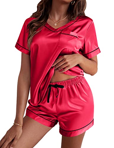 Image of Ekouaer Silk Pajama for Women Short Sleeve Satin Pj Set Two Piece Soft Sleepwear Loungewear S-XXL