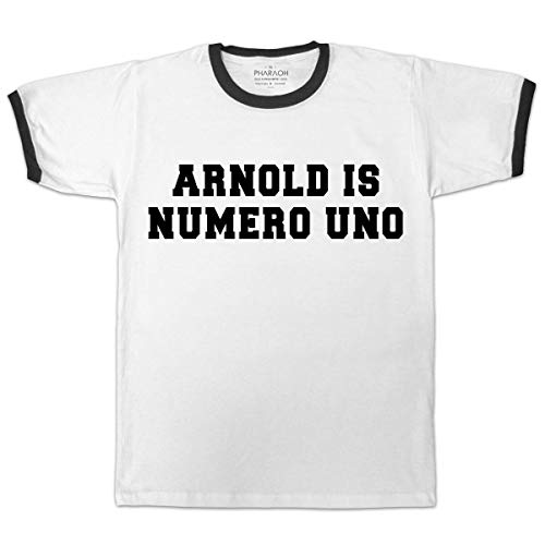 DPX-1 Hommes Arnold Est Numero Uno T Shirt Schwarzenegger Rétro Vintage Golds Gym Contraste - Blanc, L = 40/42"