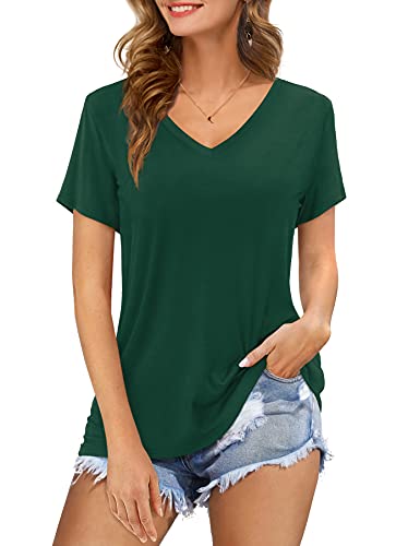 Florboom T Shirts for Women Casual Tunic Tops Short Sleeve Summer V Neck T-Shirts Dark Green Size 12 14