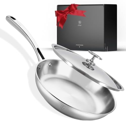 8 Inch Stainless Steel Pan with Lid, 5-Ply Clad Base 800℉ Safe Fr...