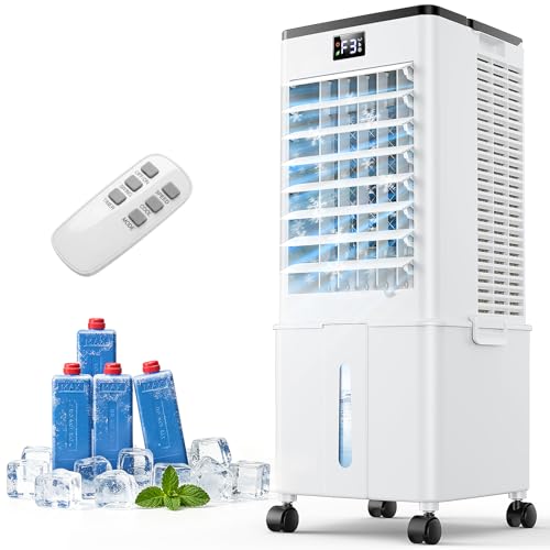 Aire Acondicionado Portátil 10L, Enfriador de Aire Evaporativo 4 en 1, Climatizador con 4 Modos y 3 Velocidades, Temporizador 1-12H,120°Oscilación Automática y para Hogar y Oficina（Blanco Mate）