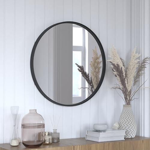 Flash Furniture Jennifer Large Round Wall Mirror - Black Circle Accent Mirror - 27.5" Vanity Mirror - for Bathroom, Vanity, Entryway, Dining Room, & Living Room