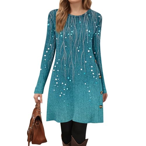 Strickkleid Damen Winter Herbstkleid Damen Knielang Elegant Winterkleid Mit Knopfleiste Kariert Pulloverkleid Rundhals Langarm Winterkleider Tunika...