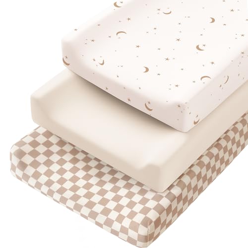 Image of Konssy 3 Pack Stretchy Changing Pad Covers, 32 inchx16 inch Changing Table Sheets | Silky Soft & Breathable Fabric, 360 Full Elastic Fit, Floral Printed & Solid Designs, for Baby Girls & Boys (Coffee Check)
