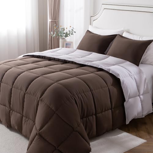Image of KASENTEX Queen Comforter Set, Reversible,Goose Down Alternative,All Season | 250 GSM Fill, Ultra-Soft, Lightweight, Machine Washable, 1 Comforter + 2 Pillow Shams, Silver Cloud /Chocolate Brown