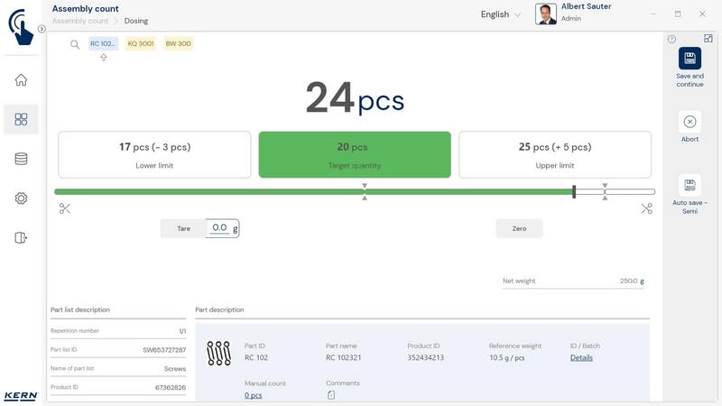 KERN SET-35 - Software EasyTouch Assembly count - Approntamento, La composizione e l’approntamento (prelievo) di una lista di pezzi, veloce, facile e senza errori
