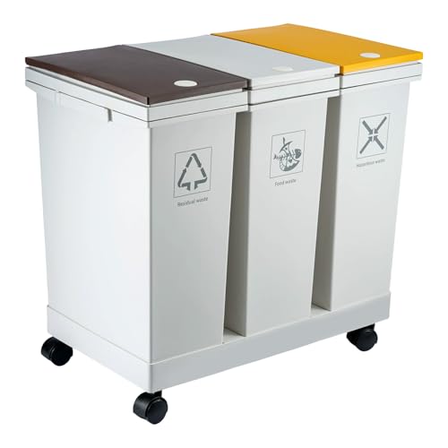SUNNYNEST 60L Set of 3 Waste Utility Plastic Bins Kitchen Bin Dual Compartment Rubbish Recycling (60L)