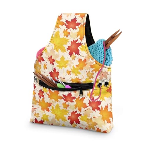 Image of KUIFORTI Knitting Yarn Bag Thanksgiving Gifts Crochet Storage Bags Fall Maple Leaf Decor Yarn Storage Tote Bag with Zipper Pocket Knitting Hook Storage, Small Size