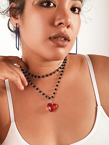 Sacina Goth Y2k Red Heart Necklace, Layered Black Beaded Heart Choker, Gothic Emo Grunge Y2k Necklace, Valentine Gift, Halloween Christmas Jewelry Gift For Women3