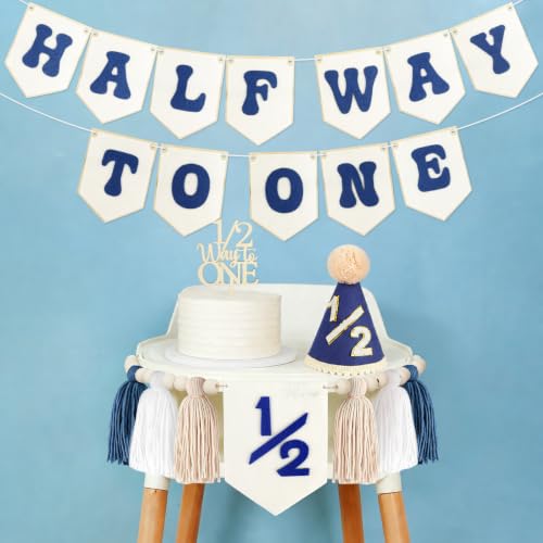 Image of THAWAY 1 /2 Birthday Boy Decorations, Blue Half Way to One Banner Set | Felt banner;wooden cake topper;1 /2 hat;baby boy 6 month party