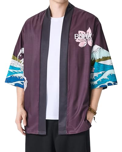 Image of PRIJOUHE Men's Lightweight Kimono Jacket Seven Sleeve Open Front Cardigan Coat Japanese Style Bathrobe