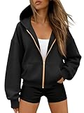 Trendy Queen Womens Zip Up Hoodies Fall Fashion Sweatshirt 2026 Clothes Y2K Cropped Jackets Cute Winter Outfits Black M