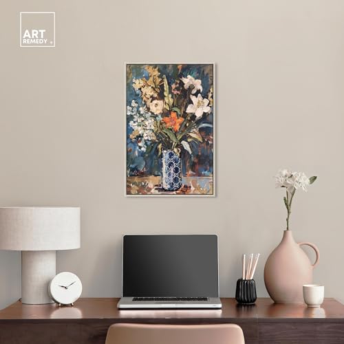 Image of Art Remedy Blue Floral Vase Canvas Floral Vase Wall Art, Silver Frame, 16 inch x 24 inch