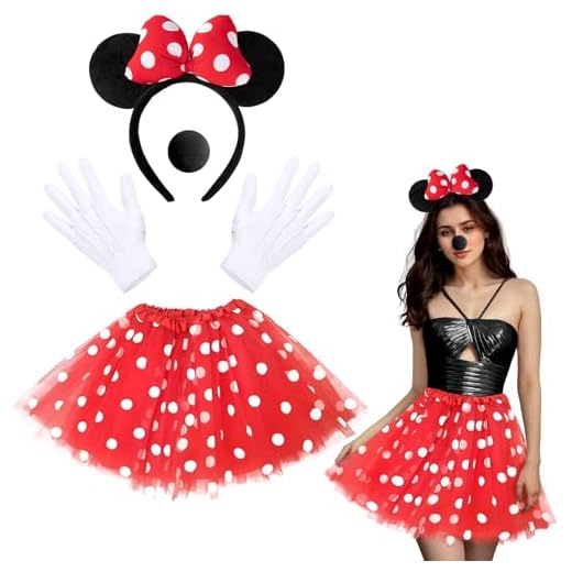 Orgoue Disfraz de Mouse, Mouse Costume Señoras Niños Mouse Costume Adulto Con Tutú De Puntos Rojos, Diadema Con Orejas De Ratón Y Nariz De Ratón Para Carnaval Lema Cosplay Party