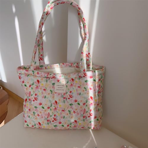 Image of Floral Quilted Cotton Shoulder Bag for Women Medium Size Handbag Large Capacity Thickened Design Tote