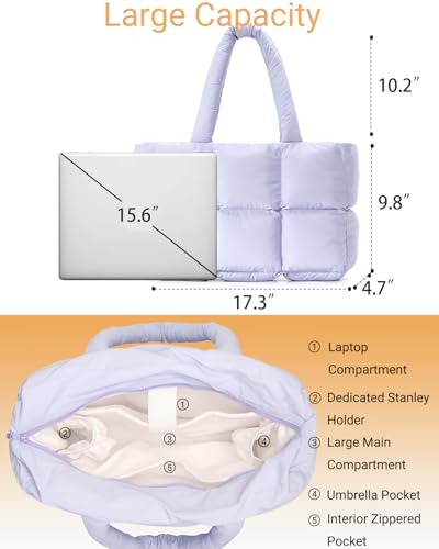 Image of Herald Puffer Tote Bag for Women, Large Quilted Puffy Handbag Lightweight Satchel Purse with Cup Holder & Compartment
