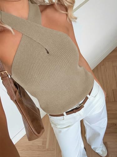 LaGracia Women's Halter Criss Cross Crochet Tops Knit Sleeveless Sweater for Women Tank Trendy Elegant Spring Summer Outfits 2026 Kkaki M — view 5