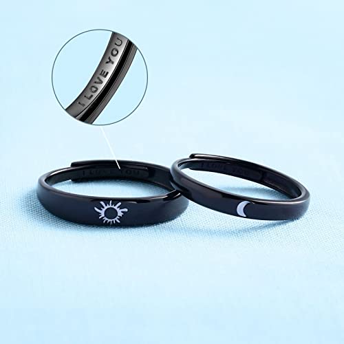 Beydodo 1Par Anillos de Parejas,Anillo Ajustable Plata de Ley Grabado Luna Sol Anillos Compromiso Anillo Parejas Ajustable Negro - imagen 2