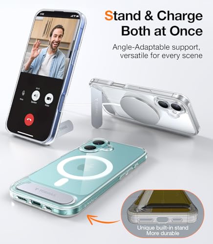 Image of TORRAS Strong Magnetic & Seamless Slim Case for iPhone 16, Military-Grade Drop Protection, Adjustable Kickstand, Clear