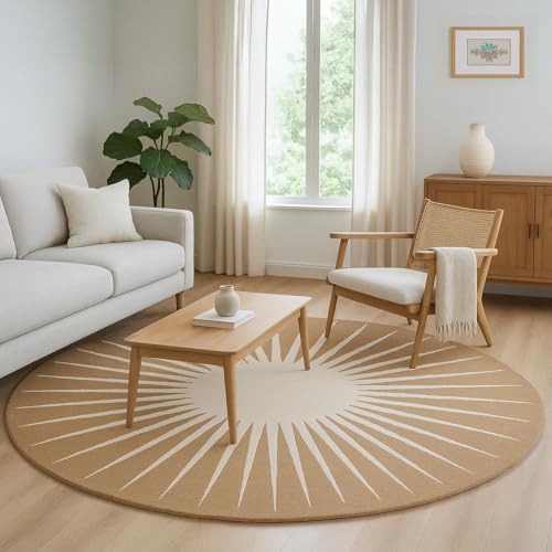 Handmade Wool Round Area Rug with Sunburst Geometric Pattern, Soft