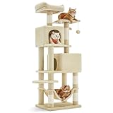 Feandrea Cat Tree, 61-Inch Cat Tower for Indoor Cats, Plush Multi-Level Cat Condo with 5 Scratching Posts, 2 Perches, 2 Caves, Hammock, 2 Pompoms, Beige UPCT192M01