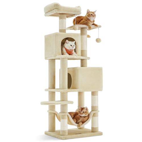 Feandrea Cat Tree, 61-Inch Cat Tower for Indoor Cats, Plush Multi-Level Cat Condo with 5 Scratching Posts, 2 Perches, 2 Caves, Hammock, 2 Pompoms, Beige UPCT192M01