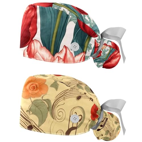 2 Pcs Working Cap with Buttons Sweatband Tulip Seamless Ribbon Tie Back Bouffant Hats
