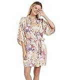 Women's Floral Silk Robes Short Bridesmaid Robes Satin Sleepwear,Floral Champagne,S/M