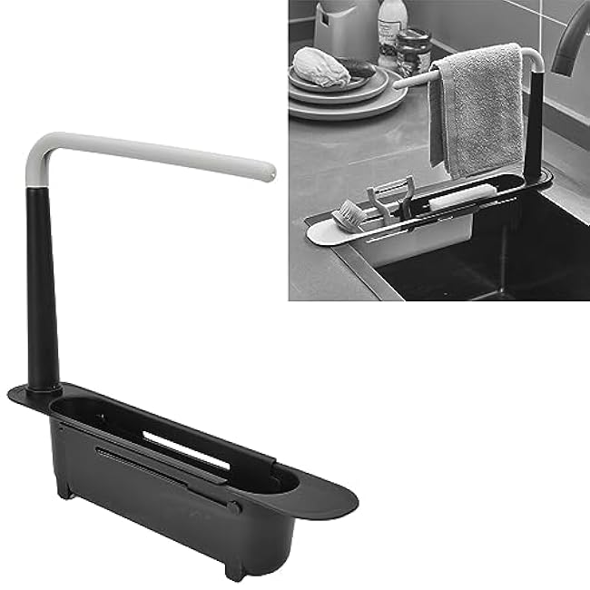 Telescopic Sink Storage Rack, Retractable Sink Drainer with Bracket and Crossbar Sink Storage Rack Kitchen Telescopic Sink Storage Rack(Black)