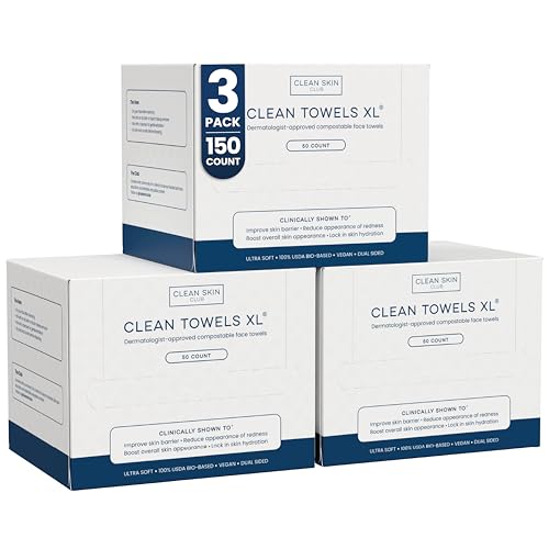 Clean Skin Club Clean Towels XL®, 100% USDA Biobased Face Towel, Disposable Face Towelette, Eczema Association Accepted, Makeup Remover Dry Wipes, Ultra Soft, 50 ct per pack, 3 Packs, 150 Ct Total