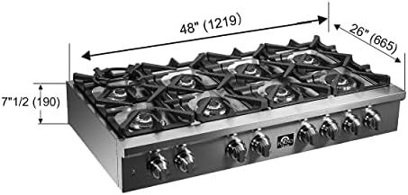 FORNO Spezia 48" Inch. Drop-In Range Top with 8 Sealed Dual Brass Burners - Stainless Steel Stove Top Heavy Duty Continuous Cast Iron Grates with Auto-ignition, Griddle, Wok-Ring and LP conversion