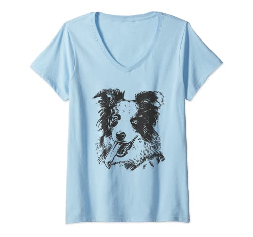 Mujer Perro Dibujo a Mano Preciosa Realista Border Collie Camiseta Cuello V
