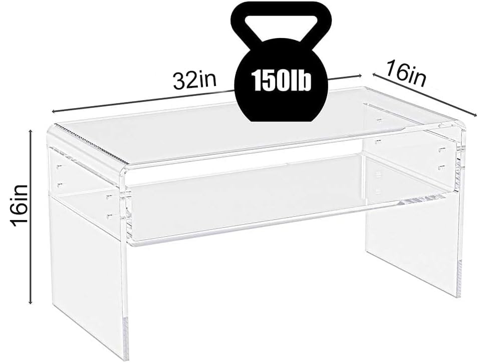 Image of MESAILUP 32inch Premium Clear Acrylic Rectangle Coffee Table with Storage Shelf for Living Room,Mid Century Transparent Waterfall Low Tea Table, Middle Size Table (32 inchx16 inchx16 inch) Fit for 2 Seat Sofa