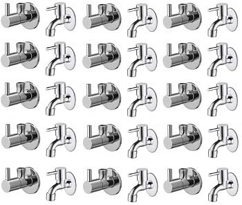 Spazio Stainless Steel Turbo Angle Valve With Bib Cock Combo Pack Foam Flow Water Taps With Wall Flange (Pack of 15) (Chrome Plated, Brass Disc)