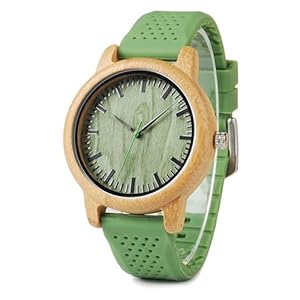 Bobo Bird Unisex Bamboo Quartz Wooden Watch with Green Silicone Strap for Men and Women