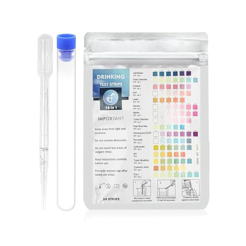 16 in 1 Trinkwasser Teststreifen - 50 Streife Wasserteststreifen für Trinkwasser Schnelltest/Pool Teststreifen Whirlpool für Aquarium/Wasserteststreifen für Gesamthärte PH-Wert Brom Chl