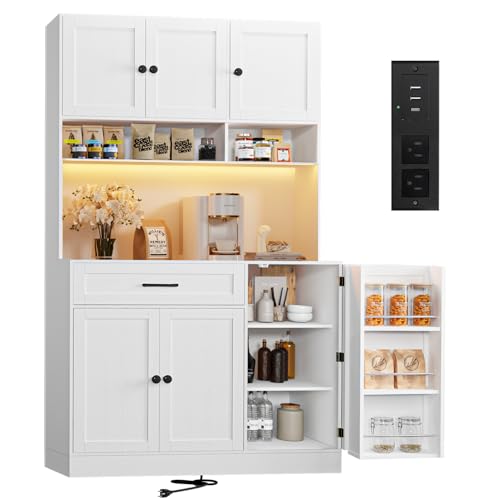 FJTJBSI 72" Kitchen Pantry Cabinet with LED Light and Charging