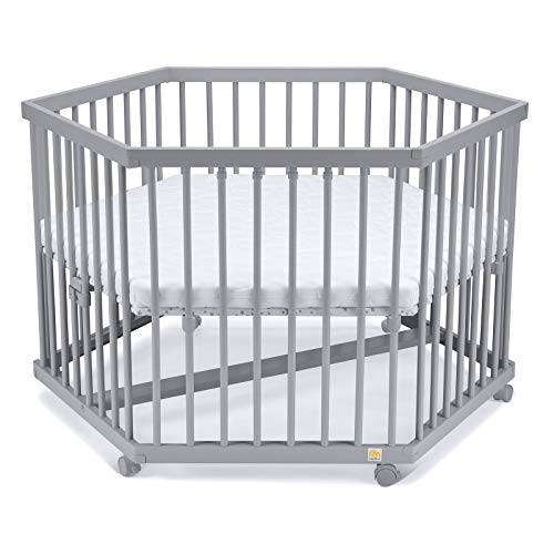 FabiMax Laufgitter 6-eckig mit Matratze CLASSIC, stufenlos höhenverstellbar, Parkettrollen, Buche grau lackiert