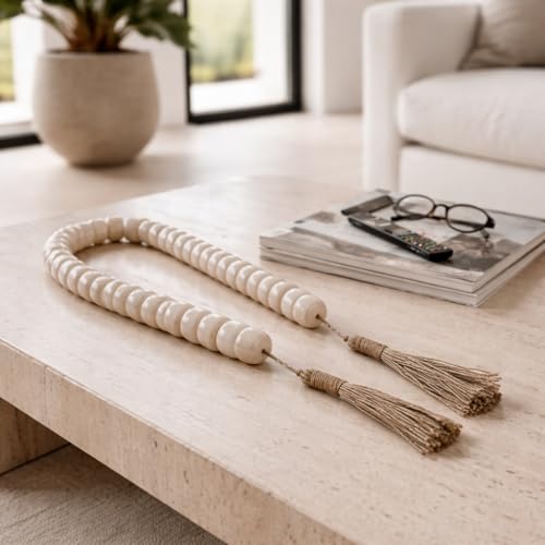 Slim Beaded Garland Accent with Jute Tassels for Home Decor - Modern Bathroom, Office, and Living Room Styling - Decorative Ornaments for Shelf and Coffee Table Decor - 1", Ivory & Tan