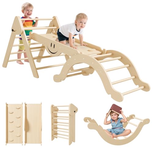 Image of BIERUM Pikler Triangle Set - 8 in 1 Toddler Climbing Toys Indoor Wooden, Montessori Pickler Climbing Set with Ramp, Foldable Baby Climbing Gym, Natural