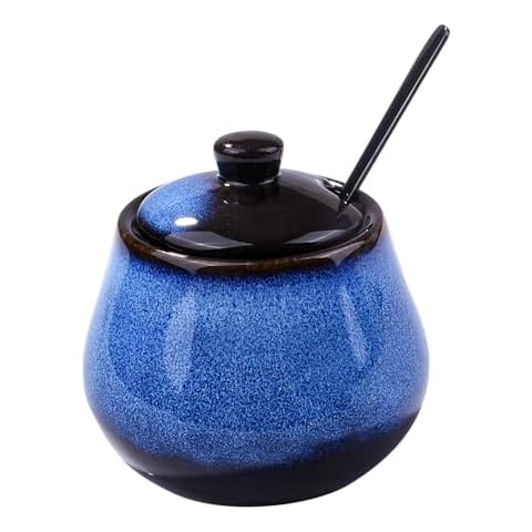 BOSILI Ceramic Sugar Bowls Seasoning Blue Sugar Bowl with Lid and Stainless Steel Spoon Sugar Dispenser Bowl Sugar Jar Kitchen Decor and Accessories Cover