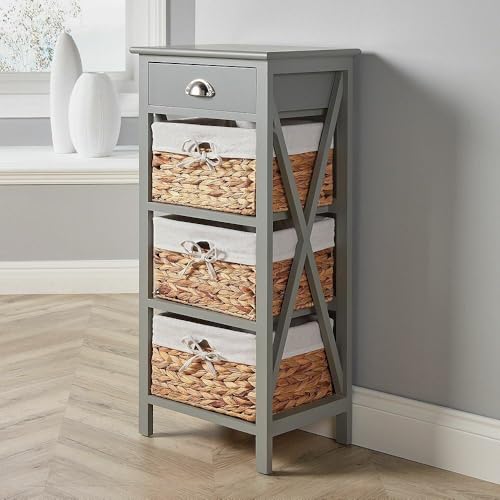 Home Source Bedside Table Storage Cabinet, Wooden Slim Chest with Water Hyacinth Basket Organiser, Grey, 3 Drawer