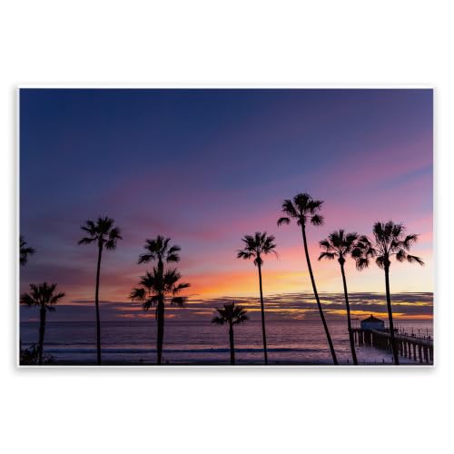 Vivid Sunset Palm Trees Horizon, 13 x 19 Inch Mounted Print on Wall Plaque