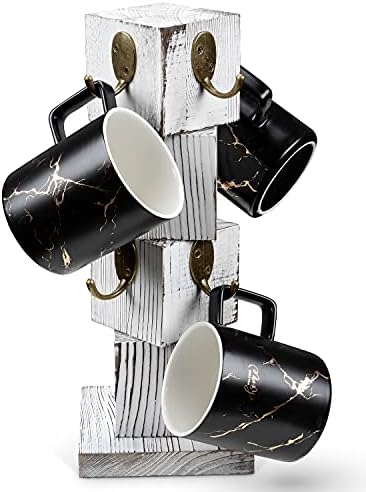 PUERSI Coffee Mug Holder for Counter, Rustic Solid Wood Mug Tree, Farmhouse Wooden Coffee Cup Rack, Distressed Mug Stand with 8 Hooks (Farmhouse White)