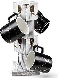 PUERSI Coffee Mug Holder for Counter, Rustic Solid Wood Mug Tree, Farmhouse Wooden Coffee Cup Rack, Distressed Mug Stand with 8 Hooks (Farmhouse White)
