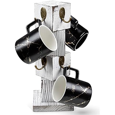 PUERSI Coffee Mug Holder for Counter, Rustic Solid Wood Mug Tree, Farmhouse Wooden Coffee Cup Rack, Distressed Mug Stand with 8 Hooks (Farmhouse White) Cover