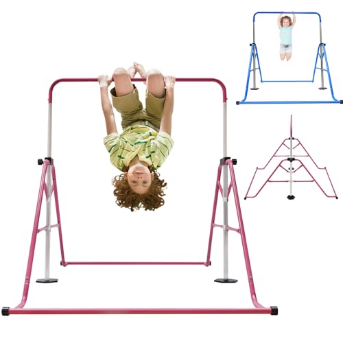 Barre de gymnastique d'extérieur pour enfants, hauteur réglable de 115 à 155 cm, équipement de jeu pour l'extérieur, charge maximale : 80 kg pour l'arrêt, 40 kg pour le mouvement (rose)